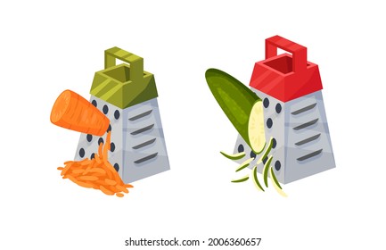 Grater or Shredder Grating Vegetable into Fine Pieces Vector Set