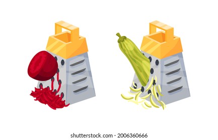 Grater or Shredder Grating Vegetable into Fine Pieces Vector Set