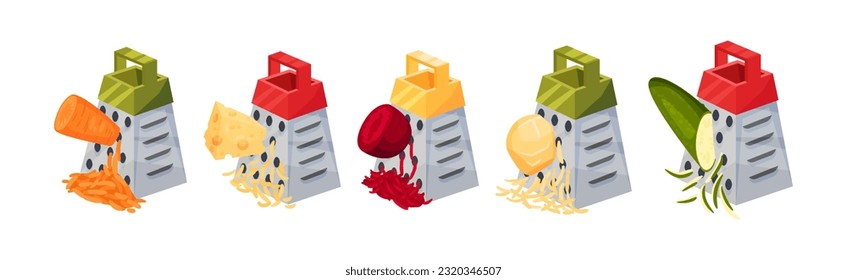 Grater or Shredder Grating Vegetable into Fine Pieces Vector Set