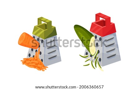 Grater or Shredder Grating Vegetable into Fine Pieces Vector Set