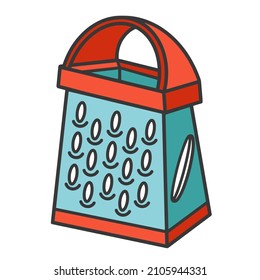 Grater vector icon. Hand-drawn illustration isolated on white backdrop. Kitchen tool for grating cheese, vegetables, fruits. Flat cartoon concept for decoration, menu design, cafe, restaurant, web