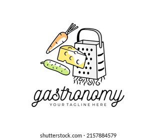 Grater, Vegetables And Cheese, Cucumber And Carrots, Logo Design. Food, Meal, Gastronomy, Restaurant, Catering And Canteen, Vector Design And Illustration