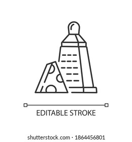 Grater of vegetables linear icon. Cheese stainless cutter. Kitchen utensil to slice cheddar. Thin line customizable illustration. Contour symbol. Vector isolated outline drawing. Editable stroke