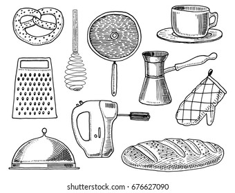 Grater and whisk, frying pan, Turk for coffee, cup of tea, mixer and baked loaf. Chef and kitchen utensils, cooking stuff for menu decoration. engraved hand drawn in old sketch and vintage style.