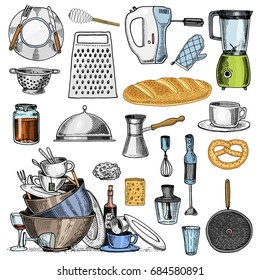 Grater and whisk, frying pan, Turk for coffee, cup of tea, mixer and baked loaf. dirty kitchen utensils, cooking stuff for menu decoration. engraved hand drawn in old sketch and vintage style.