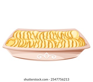 Gratin Dauphinois, caçarola francesa de desenho animado. Bandeja com fileiras de batatas fatias assadas com queijo e creme no forno. Cozinha da França, mascote do jantar, desenho animado quente assado gratin vetor ilustração