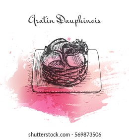 Gratin Dauphinois  watercolor effect illustration. Vector illustration of French cuisine.