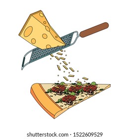 Grating cheese over pepperoni pizza slice over white background, vector illustration