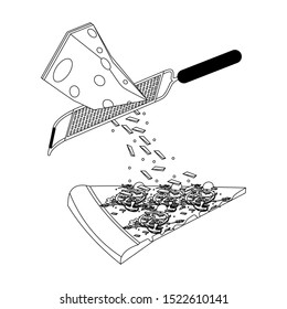Grating cheese over pepperoni pizza slice over white background, vector illustration