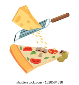 Grating cheese over pizza slice over white background, vector illustration