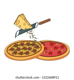 grating cheese over pizzas over white background, vector illustration