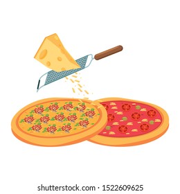 grating cheese over pizzas over white background, vector illustration