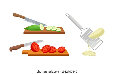 Grating and Chopping Vegetables on Wooden Cutting Board and with Metal Grater Vector Set