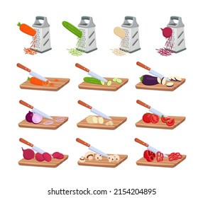 Grating and cutting vegetables on board cartoon illustration set. Preparing ingredients for salad, making healthy dinner, cutting mushrooms, tomatoes, potatoes, carrots, onions. Food, vitamin concept