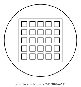 Gittergitter mit Gitternetz Gitterrost BBQ Grill Grill-Oberflächenquadratisch Symbol in kreisrunden schwarzen Vektorgrafik Umrisslinie dünnen Stil