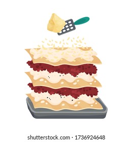 Grating Parmesan Cheese on Top of Raw Pasta Sheet with Meat Stuffing for Lasagne Preparation Vector Illustration