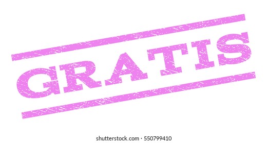 Gratis watermark stamp. Text caption between parallel lines with grunge design style. Rubber seal stamp with scratched texture. Vector violet color ink imprint on a white background.