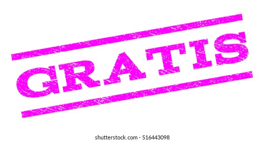 Gratis watermark stamp. Text tag between parallel lines with grunge design style. Rubber seal stamp with unclean texture. Vector magenta color ink imprint on a white background.