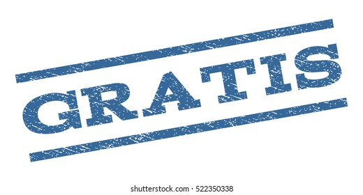 Gratis watermark stamp. Text tag between parallel lines with grunge design style. Rubber seal stamp with dust texture. Vector cobalt blue color ink imprint on a white background.