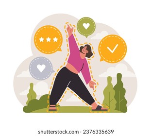 Gratitude affirmation. Grateful and thankful female character. Woman with self-love and care. Positive psychology and communication. Flat vector illustration