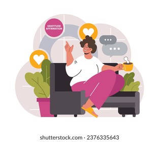 Gratitude affirmation. Grateful and thankful female character. Woman with self-love and care. Positive psychology and communication. Flat vector illustration