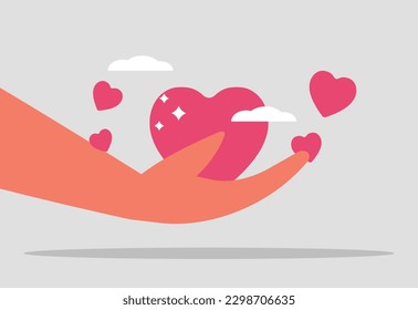 Gratitude and appreciation. Fan support, charity, donation. Help and volunteering concept. The hand holds the heart. Vector illustration