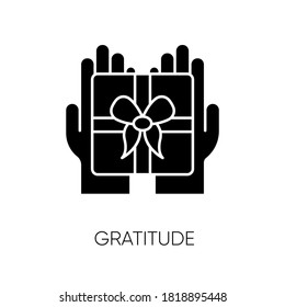 Gratitude black glyph icon. Thankfulness, sign of appreciation, feeling grateful. Special occasion, holiday celebration silhouette symbol on white space. Present, gift vector isolated illustration