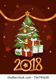 Gratitude card with cute gift boxes and Christmas tree, 2018 presents for Christmas holidays. Vector illustration elements