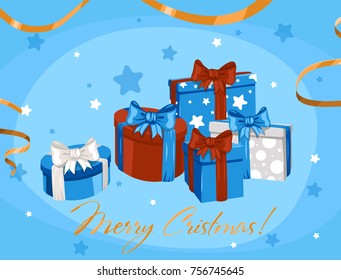 Gratitude card with cute gift boxes, presents for Christmas holidays. Vector illustration elements