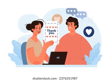 Gratitude card. Grateful and thankful character sending or receiving thank you message. Charity and volunteer work sharing love and care. Online and offline communication. Flat vector illustration