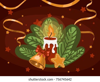 Gratitude card with wreath, Gingerbread Cookie, bell and candle. Presents for Christmas holidays. Vector illustration elements