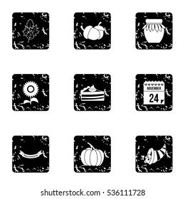 Gratitude celebration icons set. Grunge illustration of 9 gratitude celebration vector icons for web