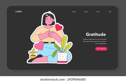 Gratitude concept. Content figure surrounded by heart symbols and nurturing plant growth, embodying thankfulness and appreciation. Vector illustration.