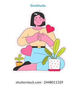 Gratitude concept. Content figure surrounded by heart symbols and nurturing plant growth, embodying thankfulness and appreciation. Vector illustration.