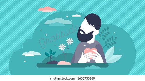 Gratitude concept, flat tiny person vector illustration.Human holding heart and being in loving mind state.Thoughts about life blessings, inner spiritual growth, abundance of love and soulful purpose.