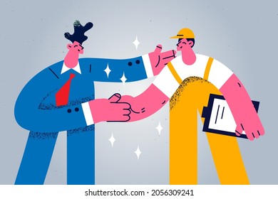 Gratitude and delivery service concept. Young smiling businessman standing thanking courier delivery boy in yellow uniform with papers vector illustration