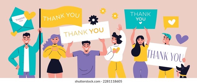 Gratitude flat concept with people holding thank you banners and letters vector illustration