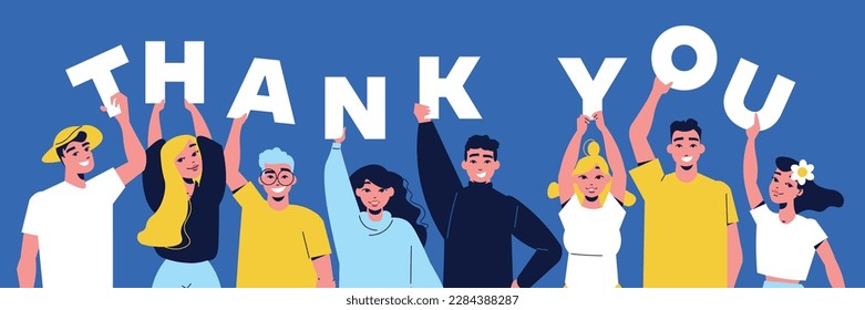 Gratitude flat poster with happy people holding thank you letters vector illustration