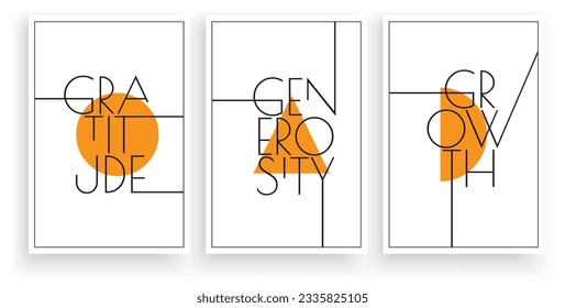 Gratitude generosity growth, vector. Scandinavian minimalist art design. Three pieces poster design. Wall art, art design, artwork. Modern wording design. Motivational, inspirational quote