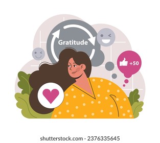 Gratitude. Grateful and thankful character. Charity and volunteer work sharing love and care. Online and offline communication. Flat vector illustration