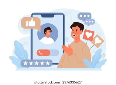 Gratitude. Grateful and thankful character. Man sharing appreciation in the Internet on social media or network. Online communication. Flat vector illustration