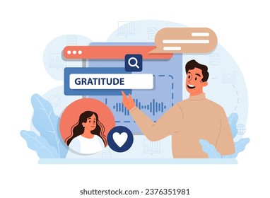 Gratitude. Grateful and thankful character. Man sharing appreciation in the Internet on social media or network. Online communication. Flat vector illustration