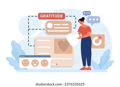 Gratitude. Grateful and thankful character. Woman sharing appreciation in the Internet on social media or network. Online communication. Flat vector illustration