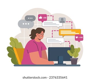 Gratitude. Grateful and thankful character. Woman sharing appreciation in the Internet on social media or network. Online communication. Flat vector illustration