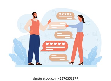 Gratitude. Grateful and thankful characters. Couple expressing or sharing love and care towards each other. Positive psychology and communication. Flat vector illustration