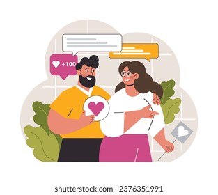 Gratitude. Grateful and thankful characters. Couple expressing or sharing love and care towards each other. Positive psychology and communication. Flat vector illustration