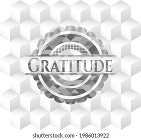 Gratitude grey badge with geometric cube white background. 