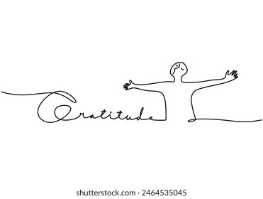 Gratitude handwritten inscription with happy people. One line drawing of phrase hand writing calligraphy card lettering isolated on white background.