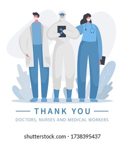 Gratitude To Heroic Hospital Teamwork. Vector Illustration Of A Doctor And A Nurse In Special Protected Uniform Who Save Lives. Frontline Of Fighting With Coronavirus Covid 19, Illness. Thank You.