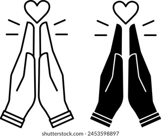 Gratitude icons. Black and White Vector Icons of Heart and Palms Folded in Prayer. Namaste, Meditation, Yoga. Wellness Concept